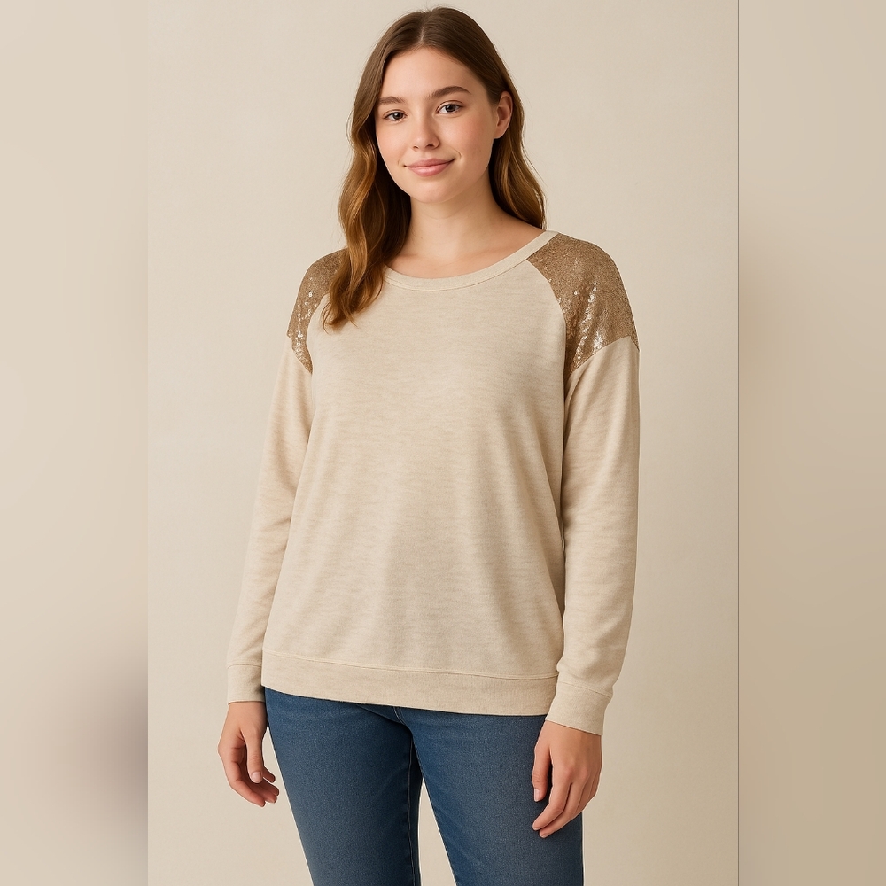 Living Doll Sequin Shoulder Beige Pullover 2XL| Cozy Neutral Glam Lounge Top